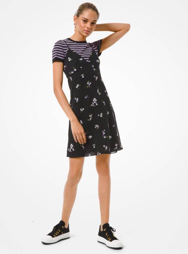 Damske Saty Michael Kors Floral Embroidered Crushed Georgette Slip Čierne - Oblecenie Michael Kors Nejlevnejsi | OTYDA-9508